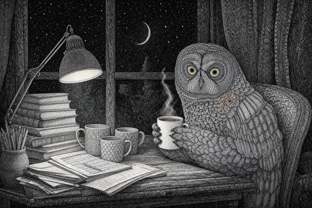 The owl at a night desk with a lamp, books and empty mugs