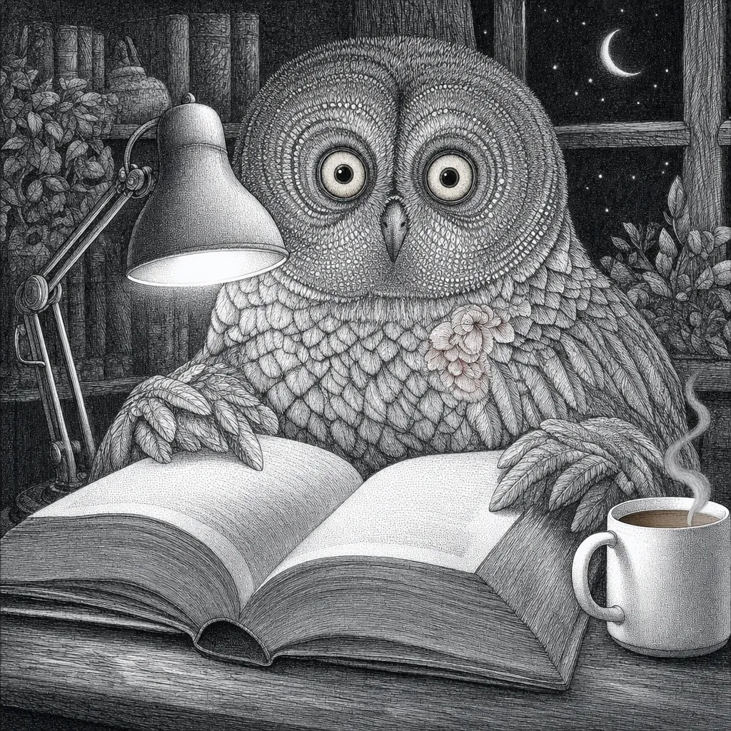 The owl reading a huge book by lamp light