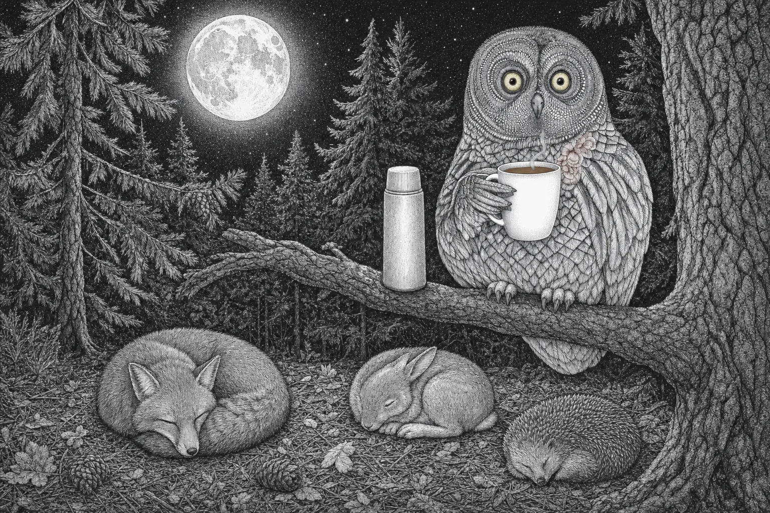The owl on a branch under the moon with a thermos; a fox, a rabbit and a hedgehog sleep below
