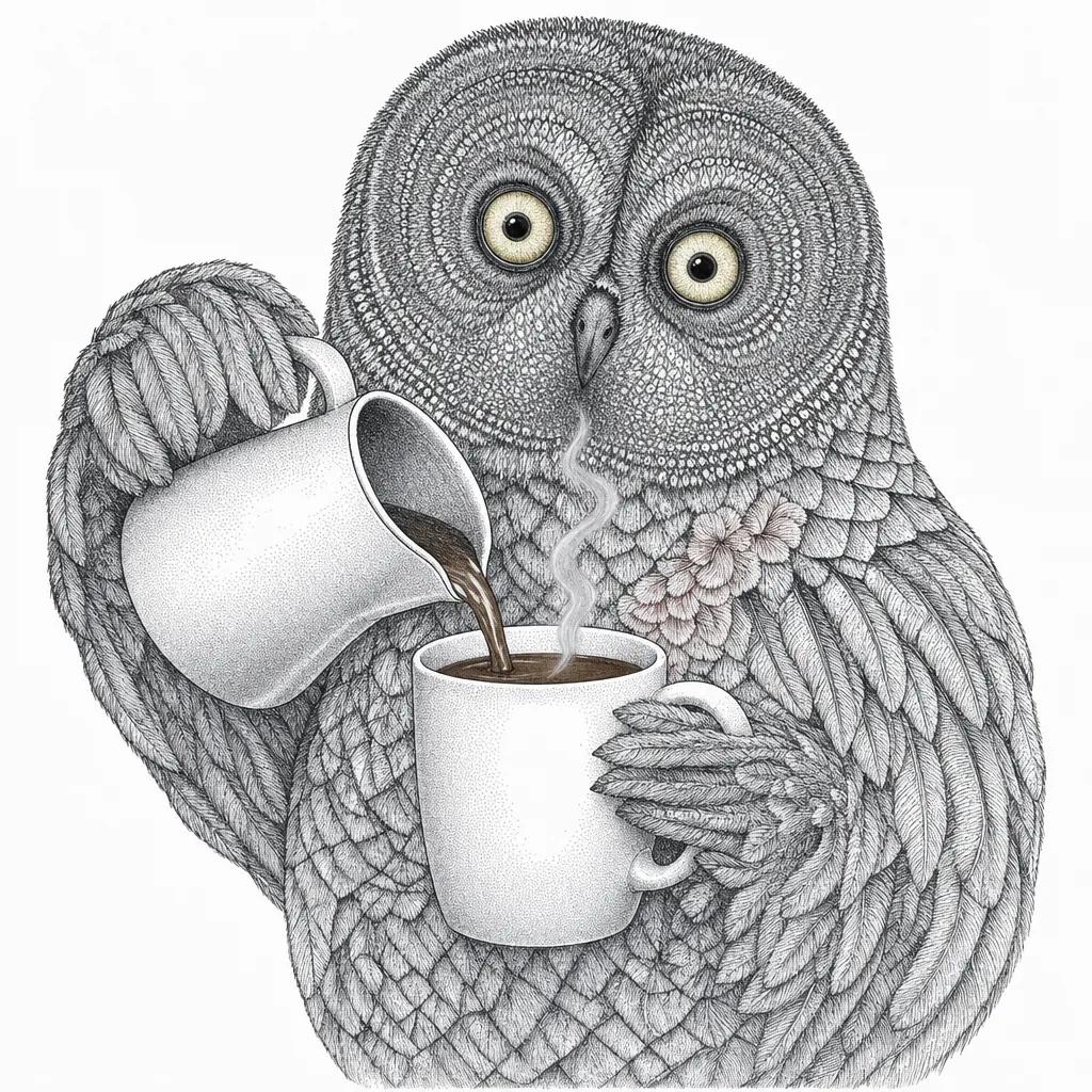 The owl pouring more coffee into its mug