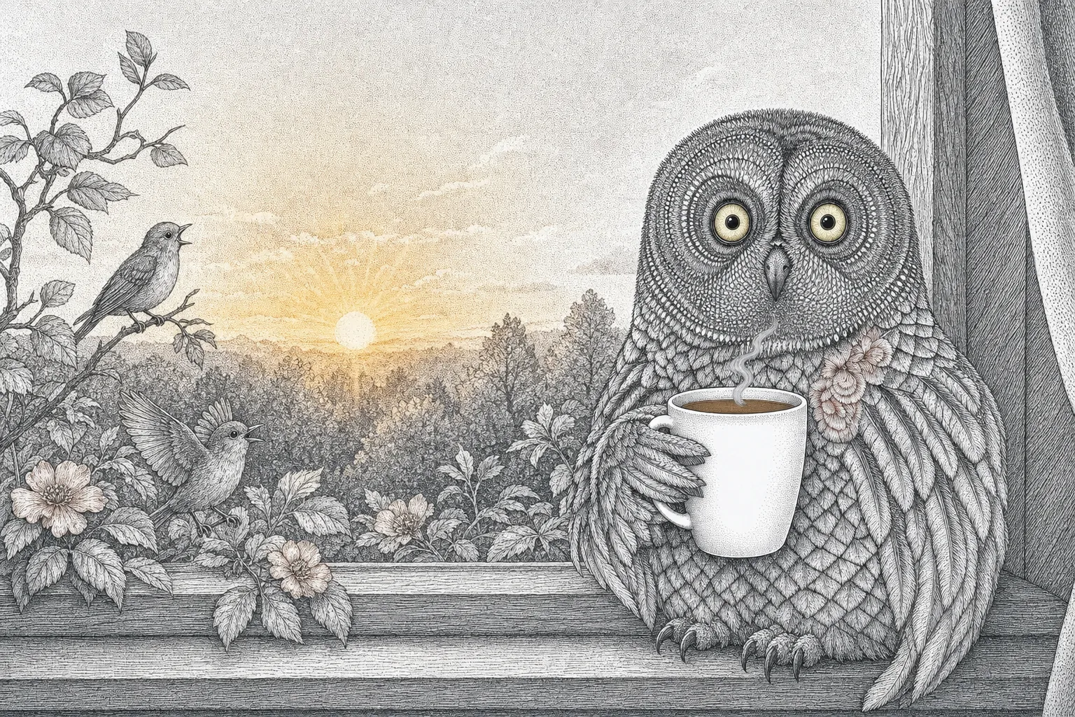 The owl on a window sill at sunrise with songbirds waking