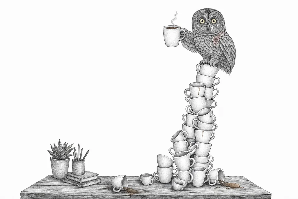 The owl sitting on top of a tall tower of empty mugs